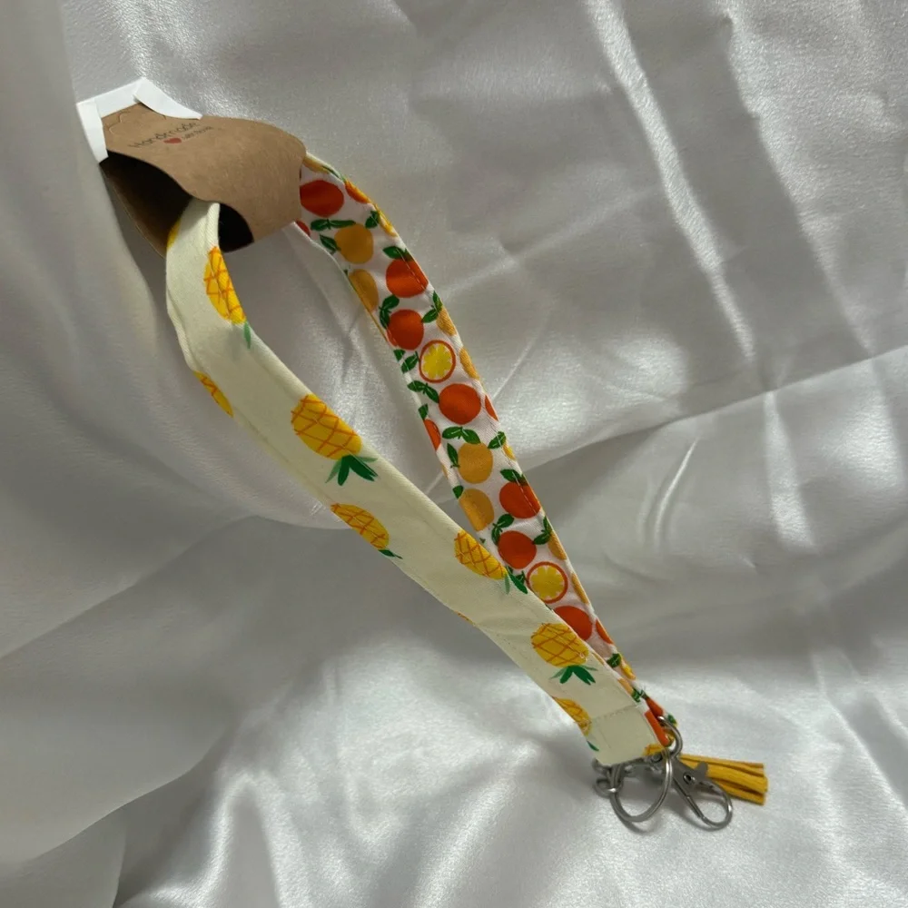 Handmade Pineapple and Orange Print Wristlet Keychain with Yellow Tassel